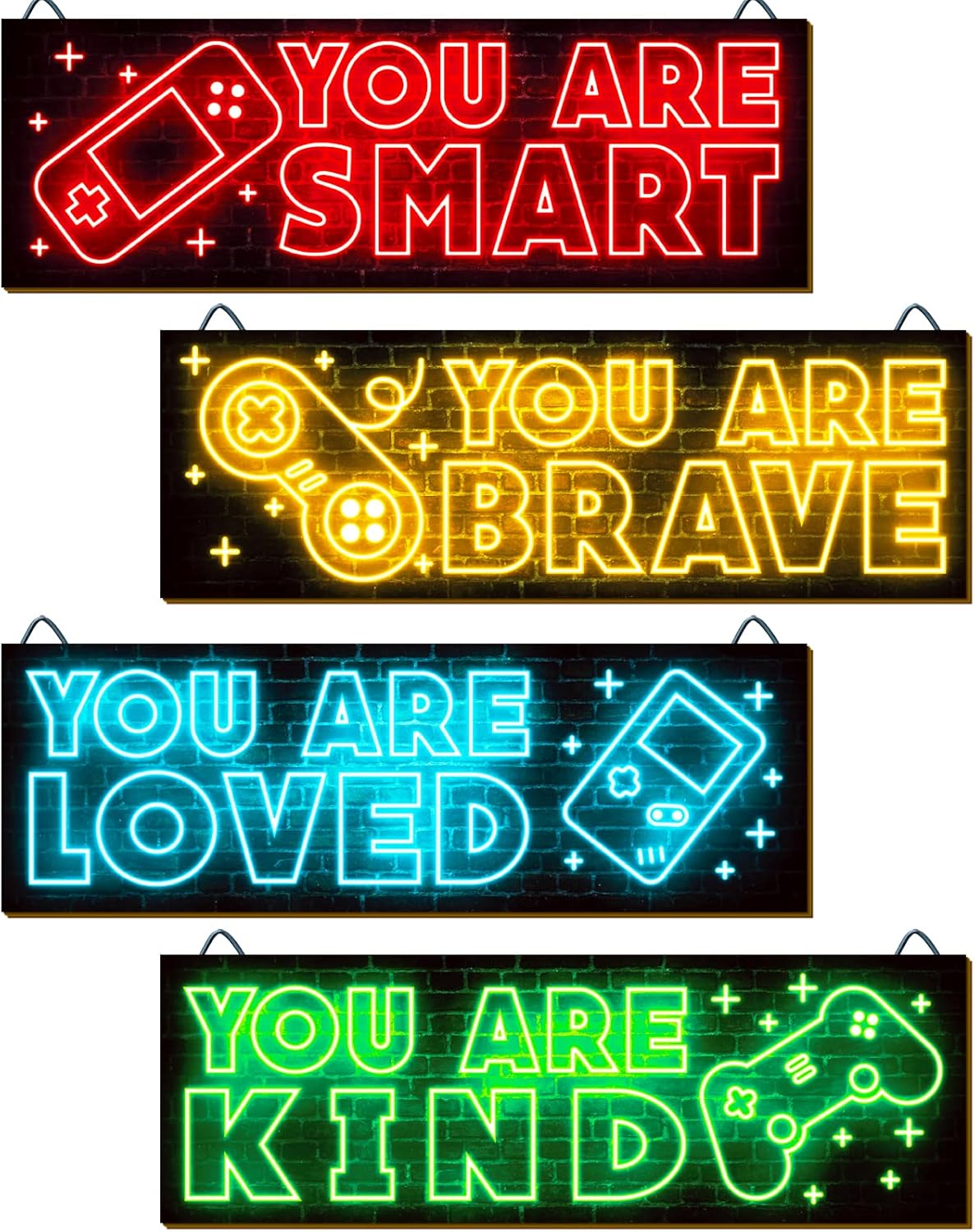 Wall Décor - YLOLUL 4pcs Neon Game Art Prints, Wood Wall Art Decor for Boys Room, Gamer Decorations, Inspirational Quote Wall Decor, Modern Home Decor, 12 x 4 Inch, Red