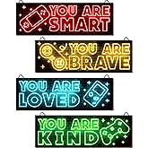 YLOLUL 4pcs Neon Game Art Prints, Wood Wall Art Decor for Boys Room, Gamer Decorations, Inspirational Quote Wall Decor, Modern Home Decor, 12 x 4 Inch, Red