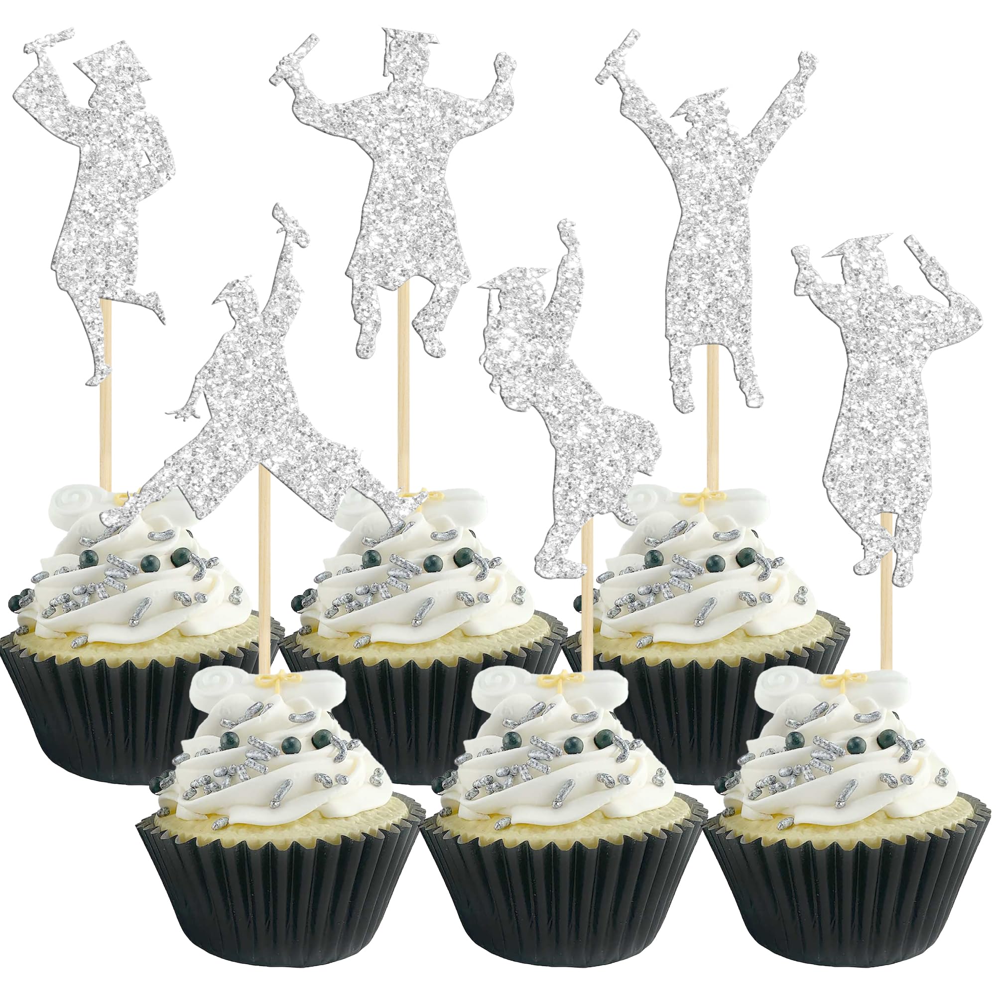 Gyufise 24Pcs 2026 Student Graduation Cupcake Toppers Glitter Class of 2026 Boys Girls Graduate Cap Cupcake Picks for 2026 Graduation Theme Party Cake Decorations Supplies Silver — image 1