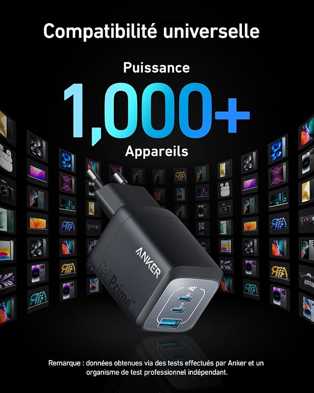 Prime Chargeur USB-C Rapide 67 W GaN, 3 Ports, Compact et Pliable