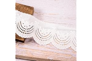 VU100 Scalloped Eyelet Beige Cotton Lace Ribbon Trim, 4 Inches Wide 5 Yards Vintage Crochet Lace Trim Fabric by The Yard, Gift Wrapping for Sewing Crafts DIY Bridal Dress Blankets Wedding Decoration