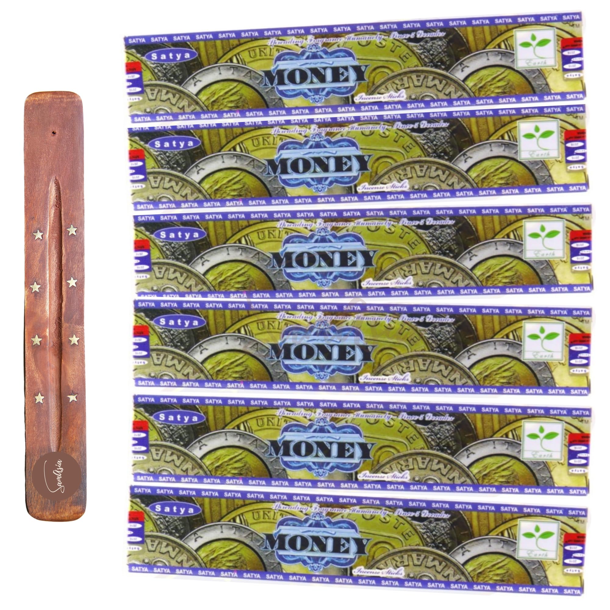 Satya Nag Champa Money Incense Sticks | x6 pack | with SAMASIA incense sticks holder | Used for Aromatherapy, Spa, Yoga, Weddings, Meditation, Healing, Positivity and Relaxation
