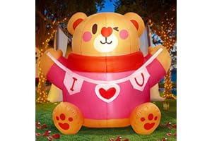 MICOCAH 5 FT Valentine Day Inflatables Bear with Heart Banner Blow Up Yard Decorations, Build-in LED Lights Valentines Day Decor Outdoor for Anniversary Wedding Party Proposal Garden Lawn Holiday