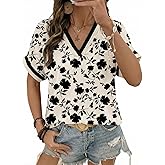 Dokotoo Women's Spring Summer Casual V Neck Tops Loose Fit Short Sleeve Floral T Shirts