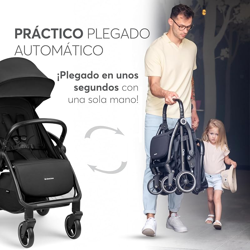 KikkaBoo Silla de Paseo Ligera CIELA, Carrito Bebé Compacto hasta 22 kg, Plegado Automático, Reclinable, Superligero, Tamaño Cabina Avión, Negro