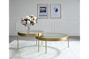 Knocbel Contemporary Nesting Coffee Table with Glass Top and Metal Frame, 2-Piece Living Room Sofa Couch Side Cocktail Tea Table Set (Clear and Gold)