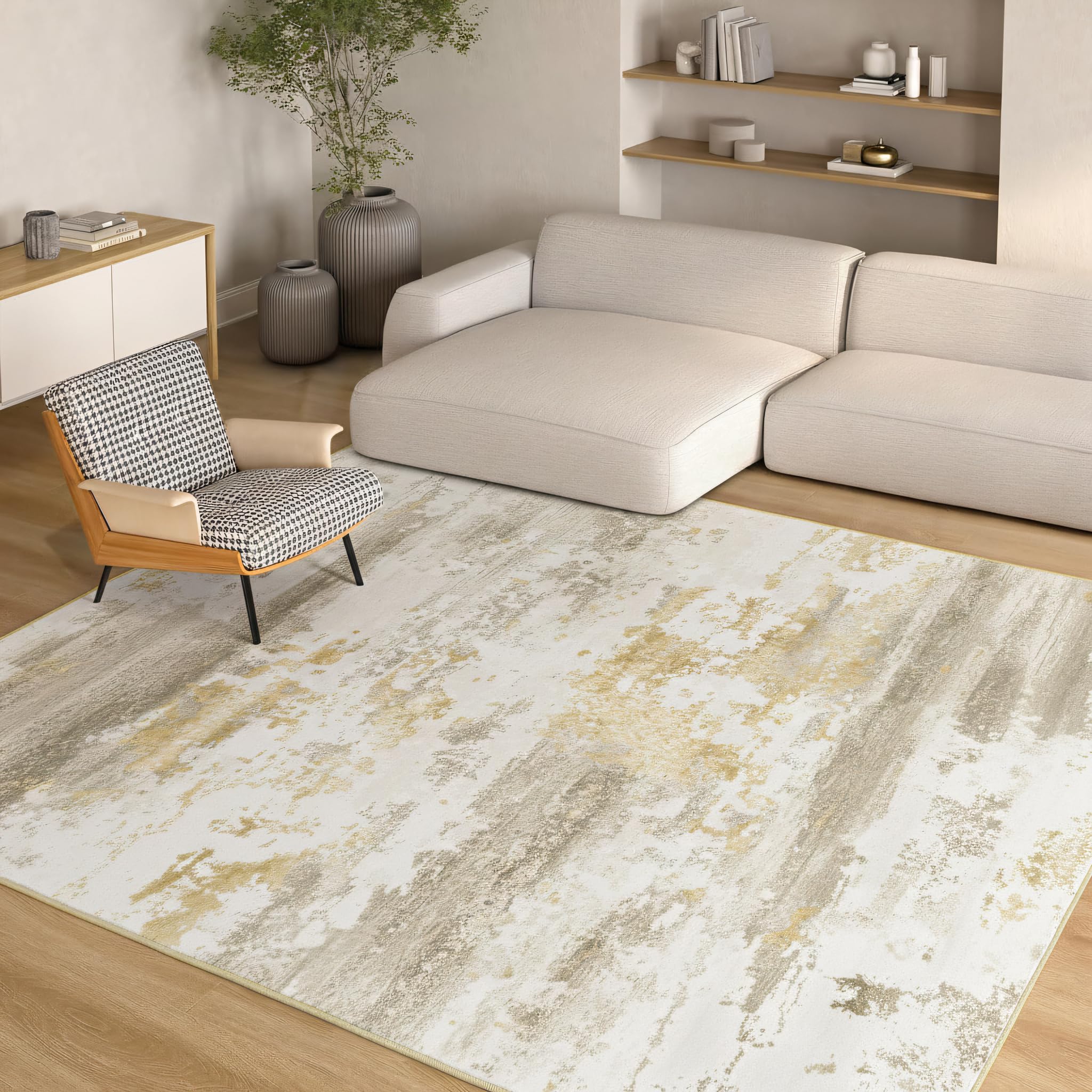 Photo 1 of ***DAMAGED - SEE NOTES/PICTURES***Kelarea Washable Area Rug for Living Room, 5x7 Non Slip Modern Abstract Beige Rugs, Easy Clearning Low Pile Large Carpet for Bedroom, Dining Room, Nursery, Office