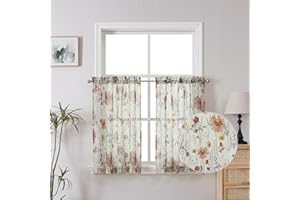 OWENIE Crushed Sheer Curtains Kitchen Tiers 36 Inch Length 2 Panels, Printed Design Small Window Half Curtains for Bathroom Cafe Bedroom Cupboard Living Room, Short Light Filtering Curtain, 42"x36"