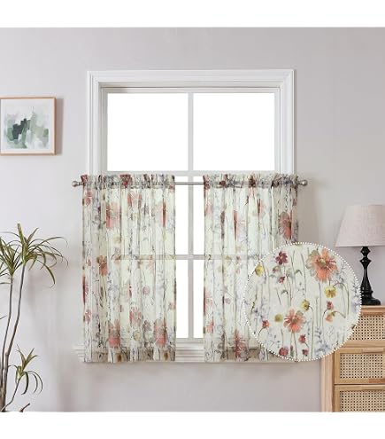 Rideau De Cuisine Semi-transparent SIGNY - Motif Jacobéen - Passe-tringle - Blanc - 137x36 Cm - Pour Petite Fenêtre