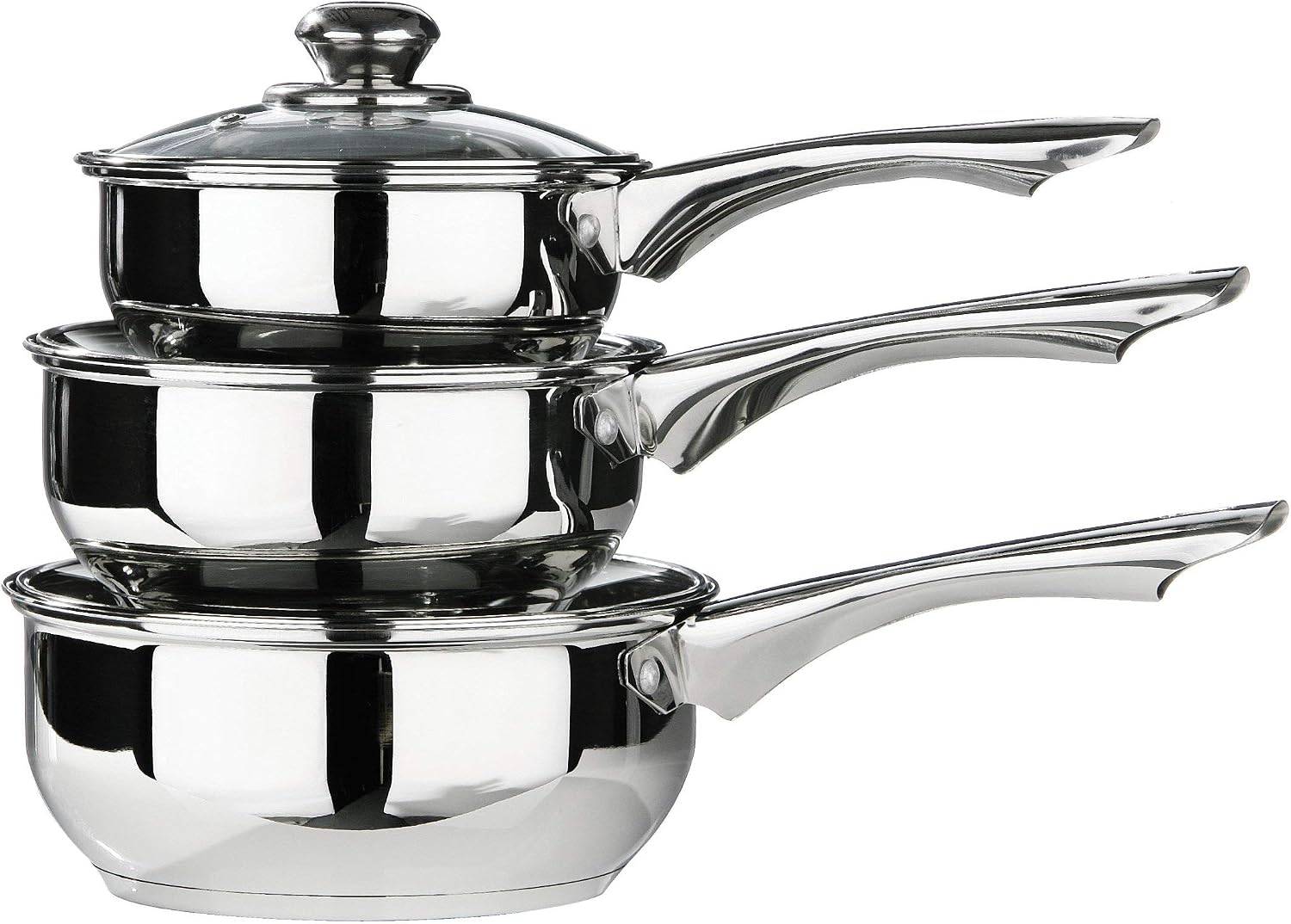 Premier Housewares Stainless Steel Saucepan Set, 3 Piece Set including Glass Lids, Silver, H14 x W40 x D26cm