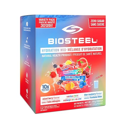 BIOSTEEL Zero Sugar Sports Hydration Mix Variety - Mixed Berry, Rainbow Twist & Blue Raspberry Flavours, 30 Packets