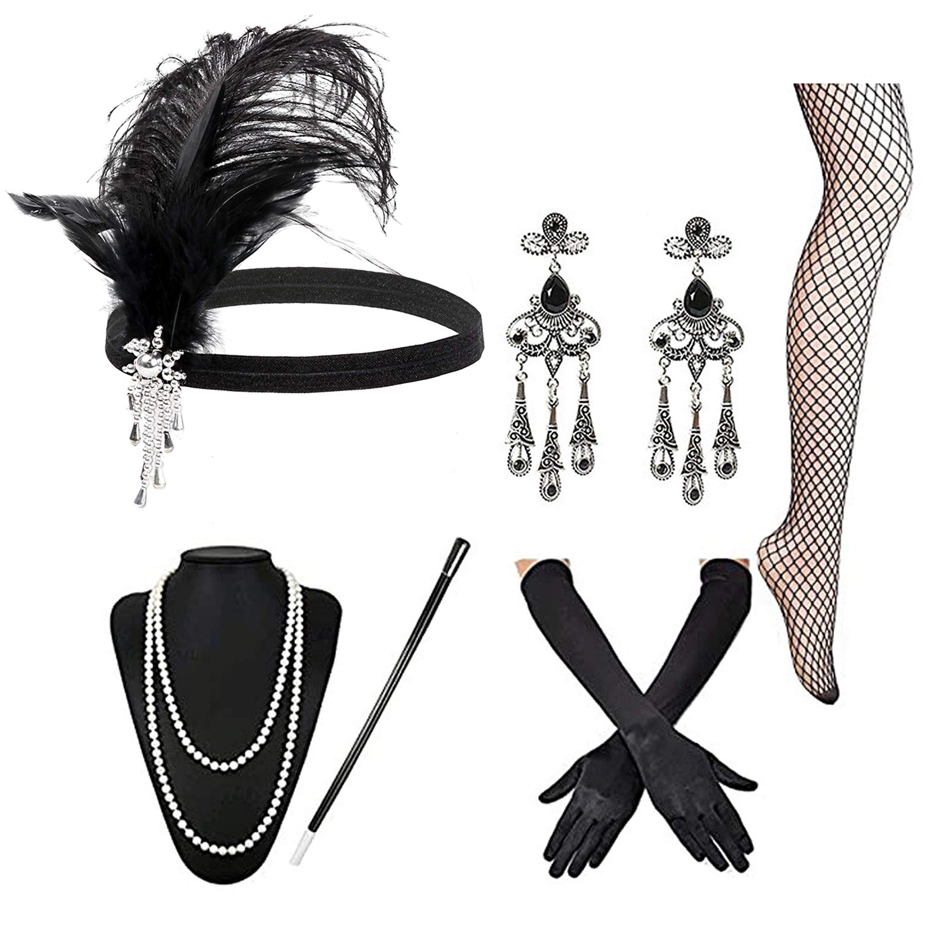 1920s Gatsby Style Accessories Set for Women,Costume Flapper Headpiece Headband,Necklace, Earrings, Gloves, Stockings, Cigarette Holder