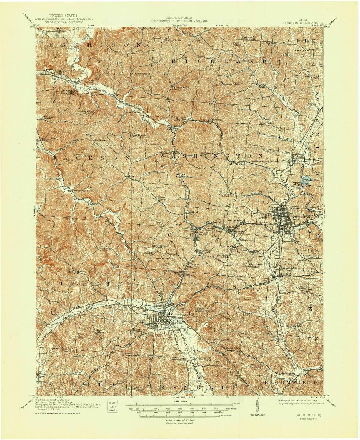 Amazon Com Yellowmaps Jackson Oh Topo Map 1 Scale 15 X 15 Minute Historical 1913 Updated 1948 9 X 17 In Polypropylene Sports Outdoors