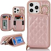 Hamany for iPhone 15 pro max Case Wallet with Card Holder,for iPhone 15 pro max Phone case Wallet with Zipper with Slot Kickstand Stand Case for Women and Man 5G 6.7 Inch-Rose Gold