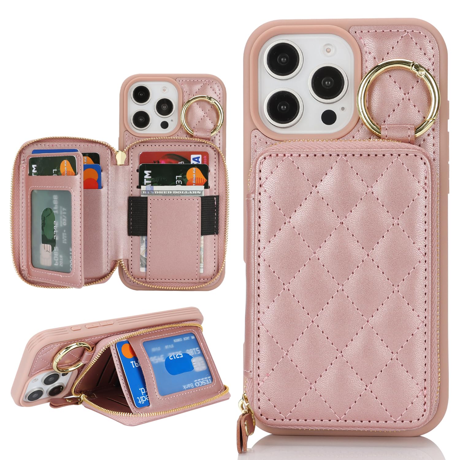 Hamany for iPhone 16 Pro Max Case Wallet with Card Holder,for iPhone 16 Pro Max Phone case Wallet with Zipper with Slot Kickstand Stand Case for Women and Man 5G 6.9 Inch-Rose Gold
