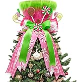 CRCZK Pink Christmas Decor, Velvet Green Christmas Tree Topper Hat, Candy Cane Christmas Decorations Inddoor, Pink Ribbon Bow Topper Hat with Green Plush, Christmas Winter Holiday Decorations for Home