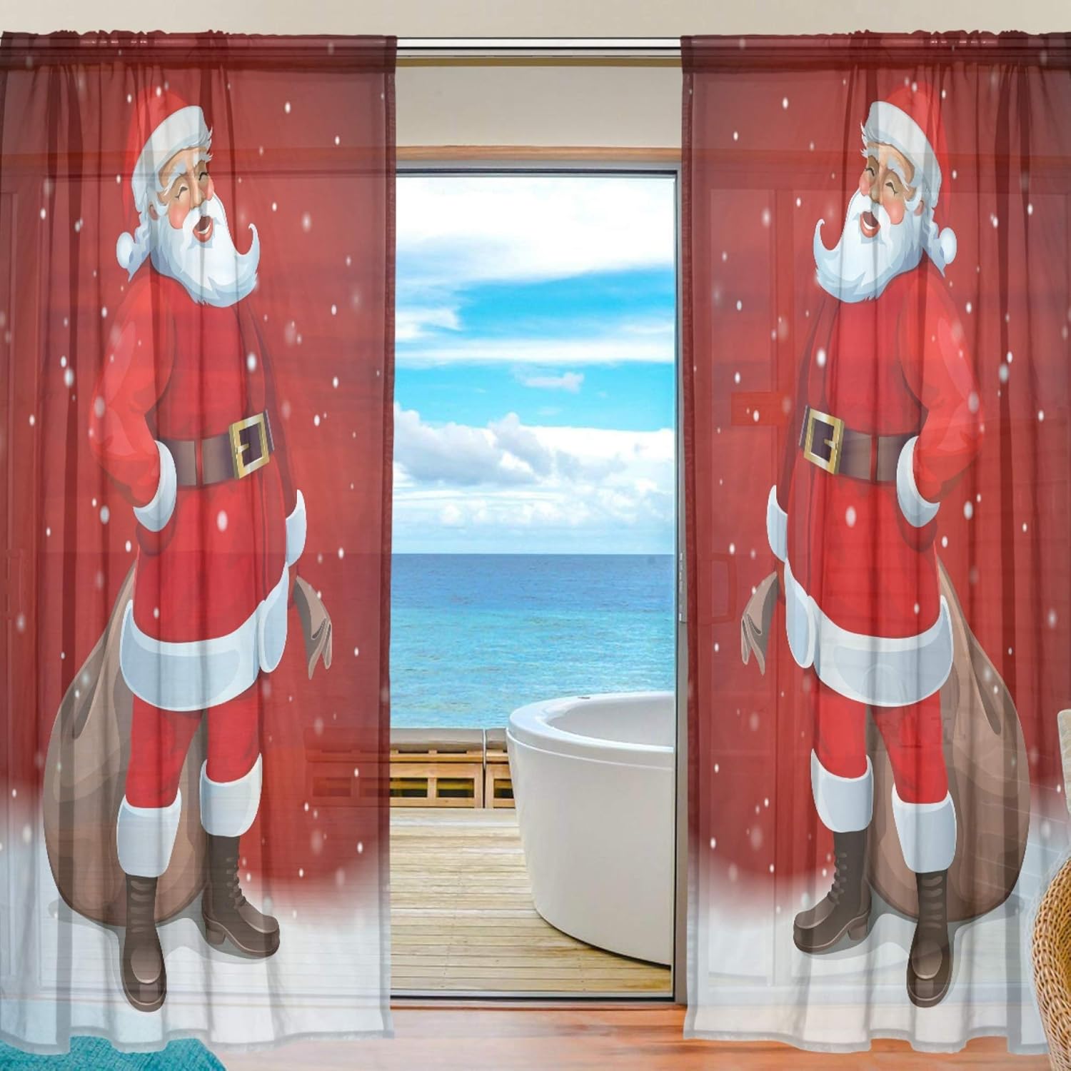 Sheer Voile Curtains, Christmas Theme Santa Claus And His Gift
