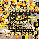 348 Pcs Construction 5th Birthday Decorations, Dump Truck Five Years Old Party Supplies Include Balloons Box, Backdrop, Hanging Swirls, Tablecloth, Plates, Cake Toppers, Balloons Garland Kit