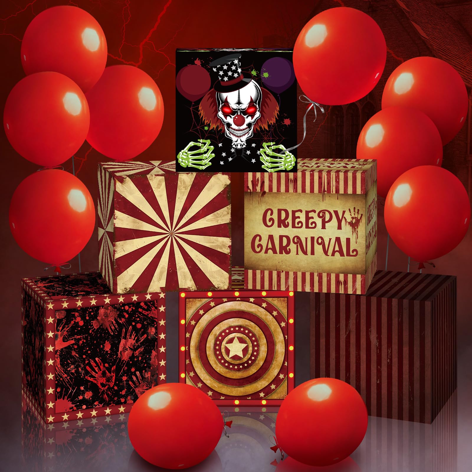 Photo 1 of Wettarn 6 Pcs Large Halloween Creepy Decorations Circus Clown Favors Boxes Outdoor Decorations Horror Circus Boxes Circus Theme Party Decor for Horror Haunted House Supplies