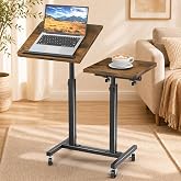 Elowen Rolling Laptop Desk with Wheels, Double-Pole Portable Overbed Table | Mobile Tilting Small Standing Desk, Large-Size Adjustable Height Computer Desk for Office Home Use, Brown