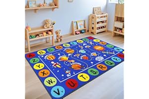 Capslpad Outer Space Kids Play Rug 5'2"x3'3" Solar System Kids Rug ABC Alphabet Children's Fun Educational Learning Carpet Non Slip Play Mat for Bedroom Playroom