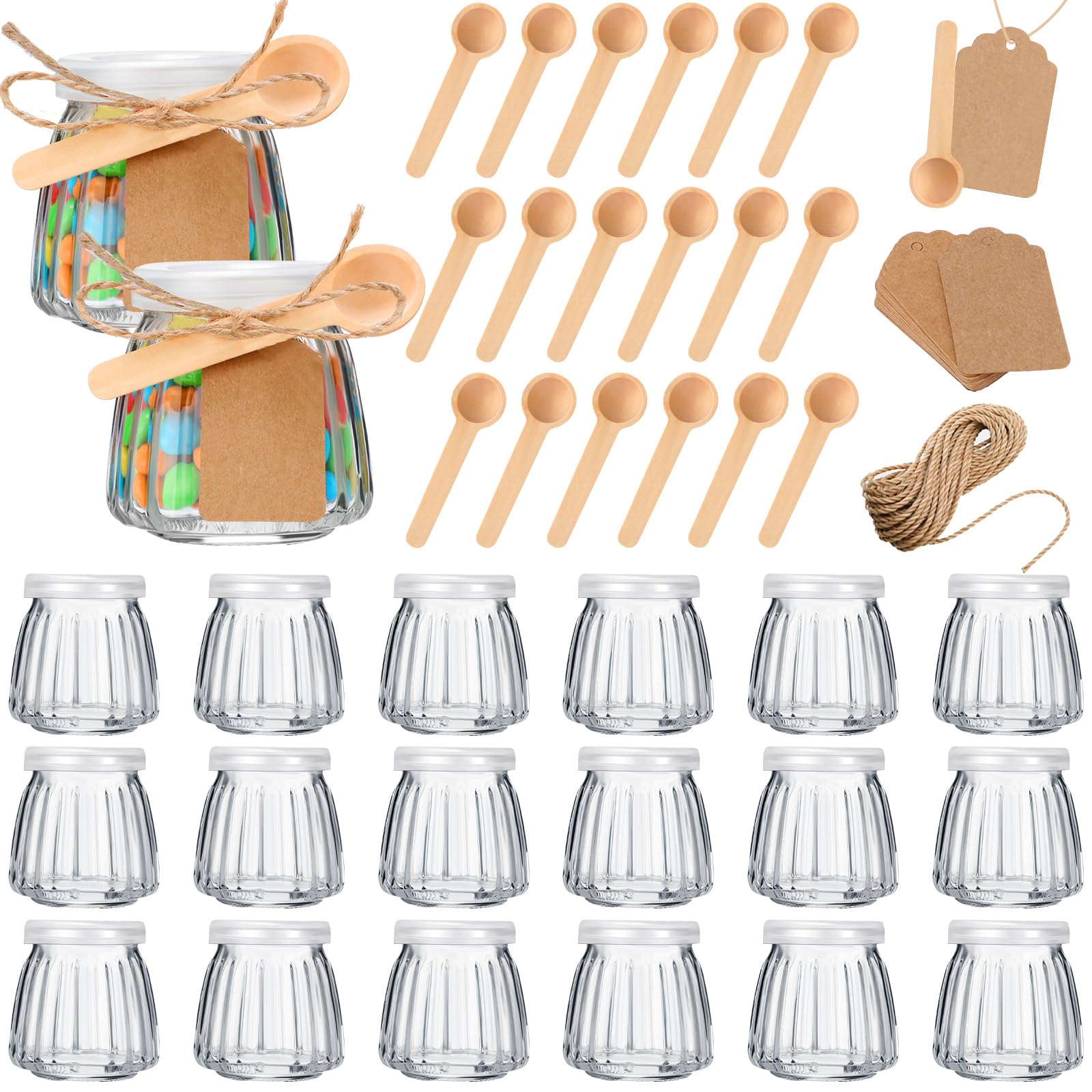 Photo 1 of Baderke 20 Pcs Small Glass Jars with Plastic Lids, Spoons, Tags and Rope,3.4 oz Yogurt Pudding Jars Bath Salt Storage Glass Containers for Wedding Party Favor