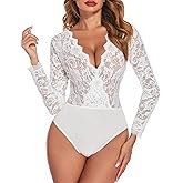 Avidlove Lace Bodysuit for Women Sexy Long Sleeve V Neck Body Suits Going Out Tops Snap Crotch One Piece Teddy Lingerie
