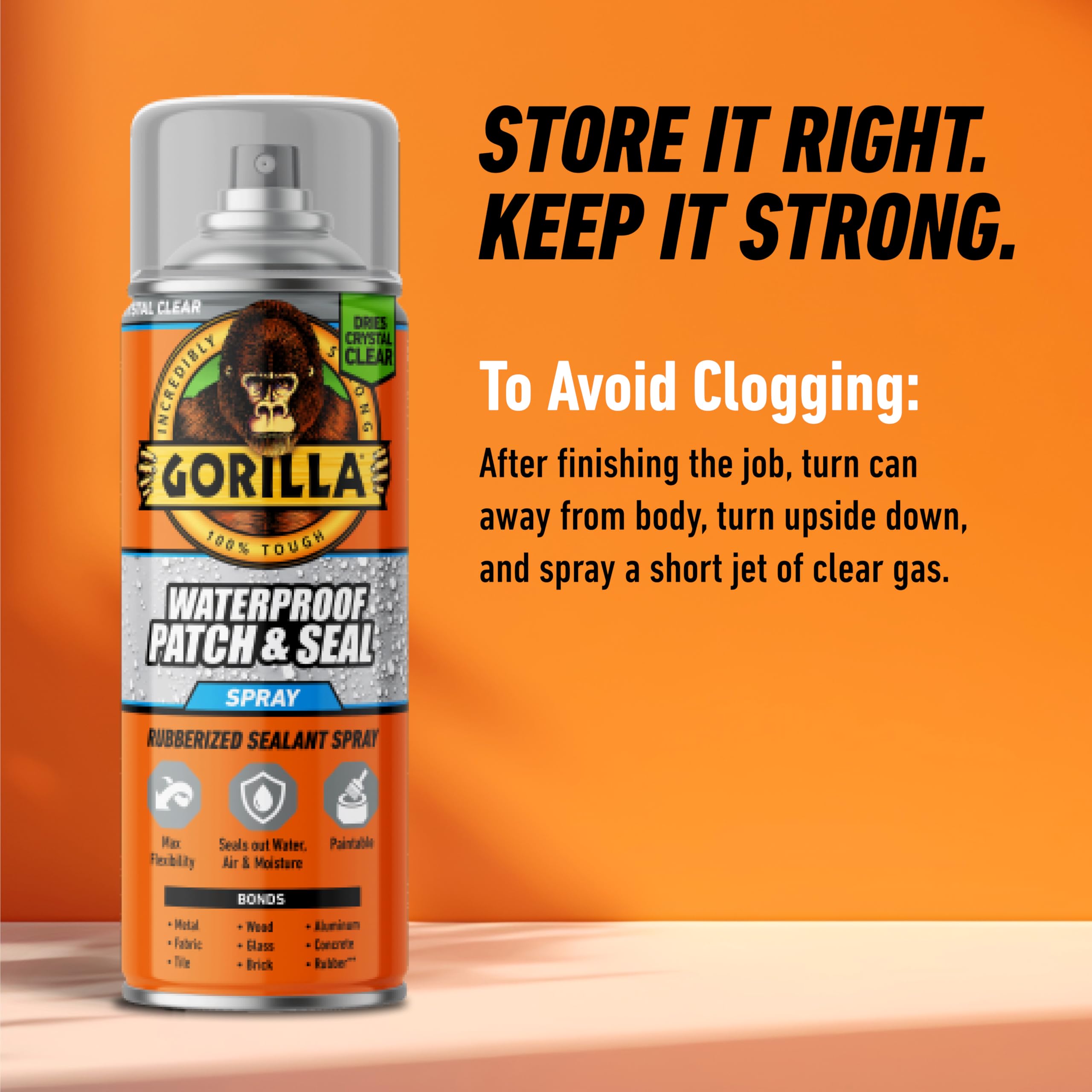 Gorilla Waterproof Patch & Seal Rubberized Sealant Spray, Crystal Clear, 14 Ounce (Pack of 1) - Seals Out Water, Air, and Moisture