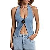 Milumia Women's Y2k Denim Halter Top Split Hem Backless Sleeveless Going Out Vacation Tank Top