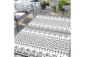 DIIKOO Waterproof Outdoor Rug 6x9ft, Bohemia Reversible Plastic Straw Mat for Patio RV Deck Porch Backyard Balcony Camping Picnic Beach Indoor Outdoor Carpet, Black&White