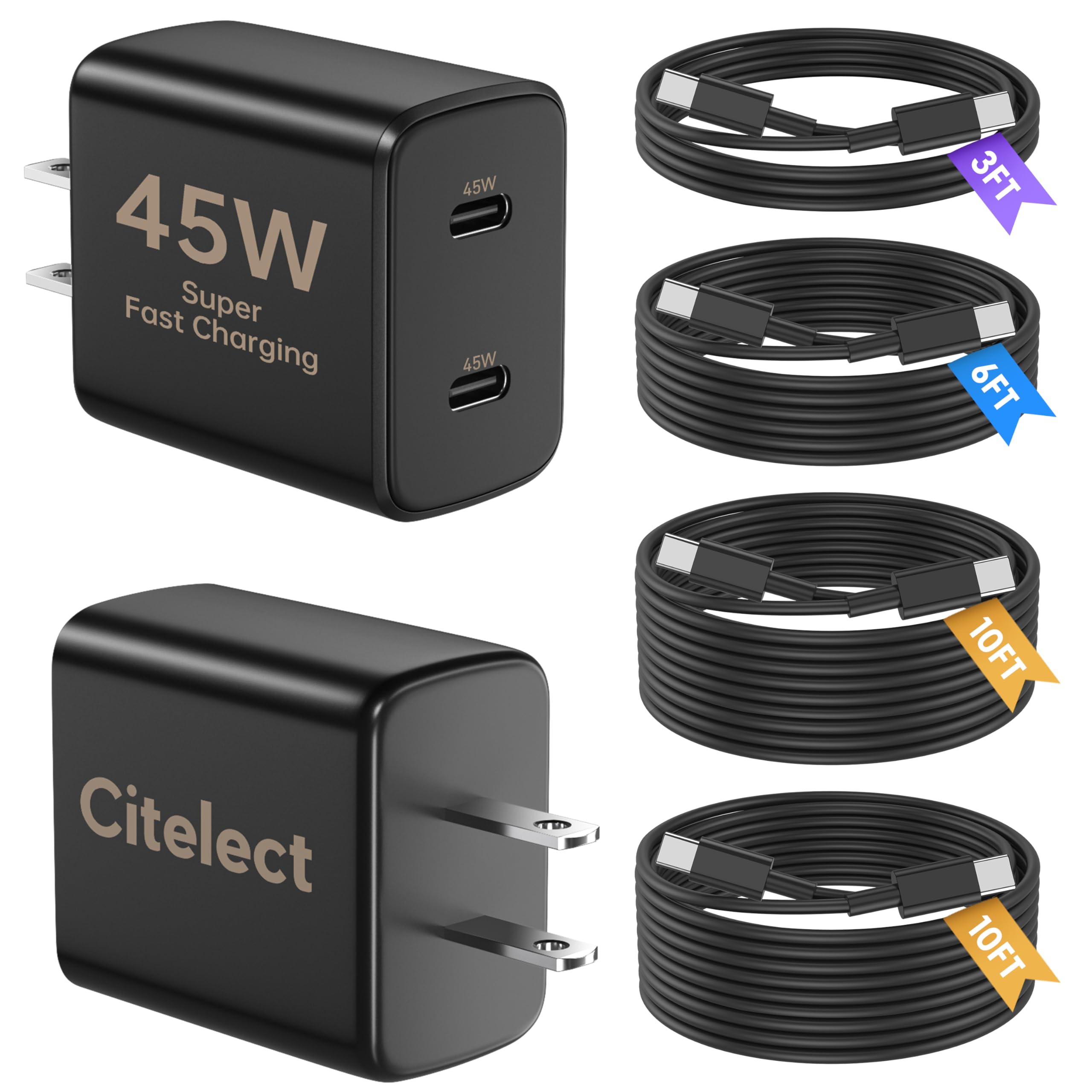 Super Fast Samsung Charger Type C, 2Pack 45W Dual Port USB C Fast Charger Block with Long 60W 3/6/10/10FT USB C to C Cable for Samsung Galaxy S25/S25 Ultra/S25+/S24 Ultra /S24/S24+/S26/S23/iPhone 17