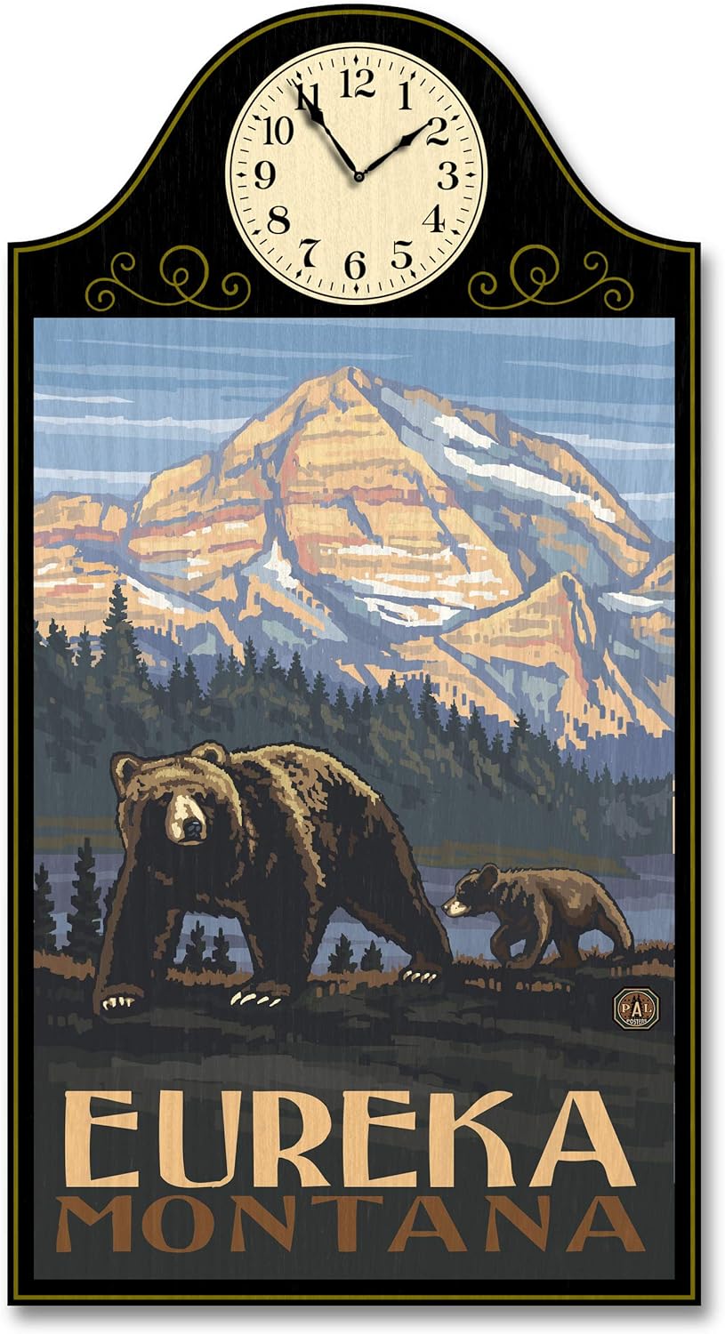 Northwest Art Mall Eureka Montana Rockies Grizzly Bears Wood Wall Clock for Home & Office from Original Travel Artwork by Artist Paul A. Lanquist 12" x 18" with 5" Clock Face.