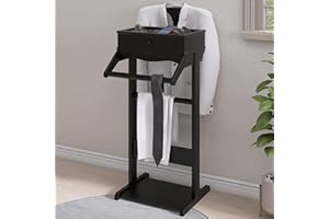 RELAHOGAR Clothes Valet Stand for Men, Wooden Clothing Rack with Drawer, Hanger, Tray, Drawer, Rods, Women Garment Valet for Bedroom, Living Room, Entryway, Office, Black