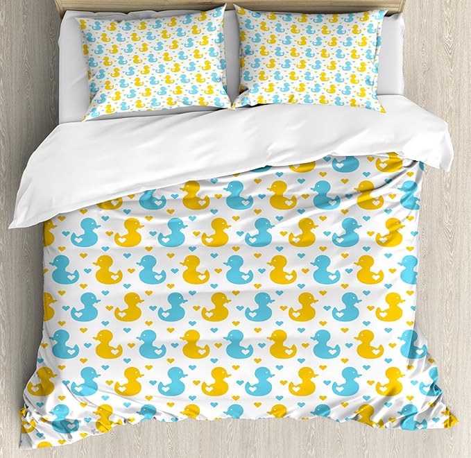Ambesonne Rubber Duck Duvet Cover Set, Baby Ducklings Pattern with Little Hearts