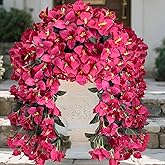 BSMYBO Bougainvillea Artificial Hanging Flowers Plants for Outdoors UV Resistant Faux Trailing Vine Outdoor Hanging Plants for Front Porch, Balcony, Patio, Outdoor Planter (Hot Pink-2PCS)