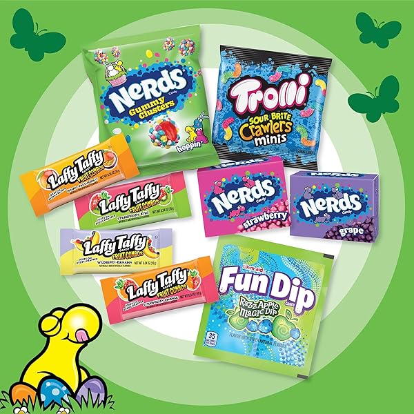 NERDS EASTER VARIETY SEEKERS BASKET FILLER VARIETY BAG, NERDS GUMMY CLUSTERS, FUN DIP, TROLLI, LAFFY TAFFY, AND NERDS ORIGINAL, 15 OZ, 35 COUNT