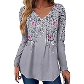 Zeagoo Womens Long Sleeve Tops V-Neck Loose Fit Shirts Pleated Print T-Shirts Dressy Casual 2026 Tunics