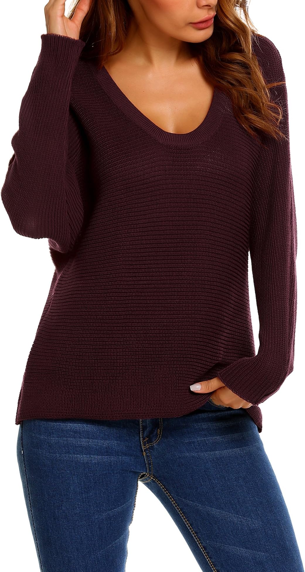 Showyoo Women's Casual V-Neck Lightweight Loose Knit Pullover Sweaters Wine Red L