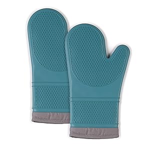 Town & Country Living Silicone Oven Mitts 7.5"x13" Mitt, Heat Resistant Machine Washable Silicone/Cotton/Polyester 2-Pack, Textured Teal