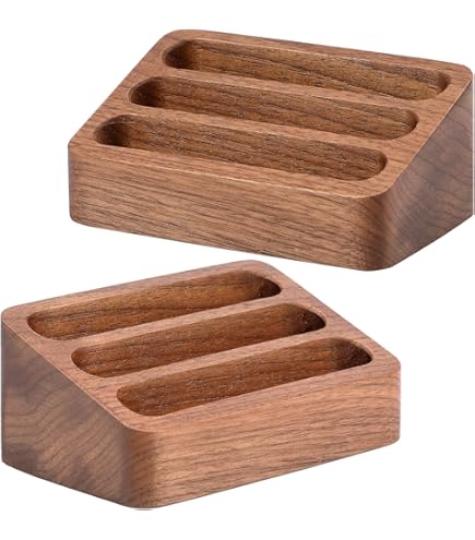 WOODPRESENTS Oak Business Card Holder - 5 Slot Dark Brown Desk Organizer For Office Professionals