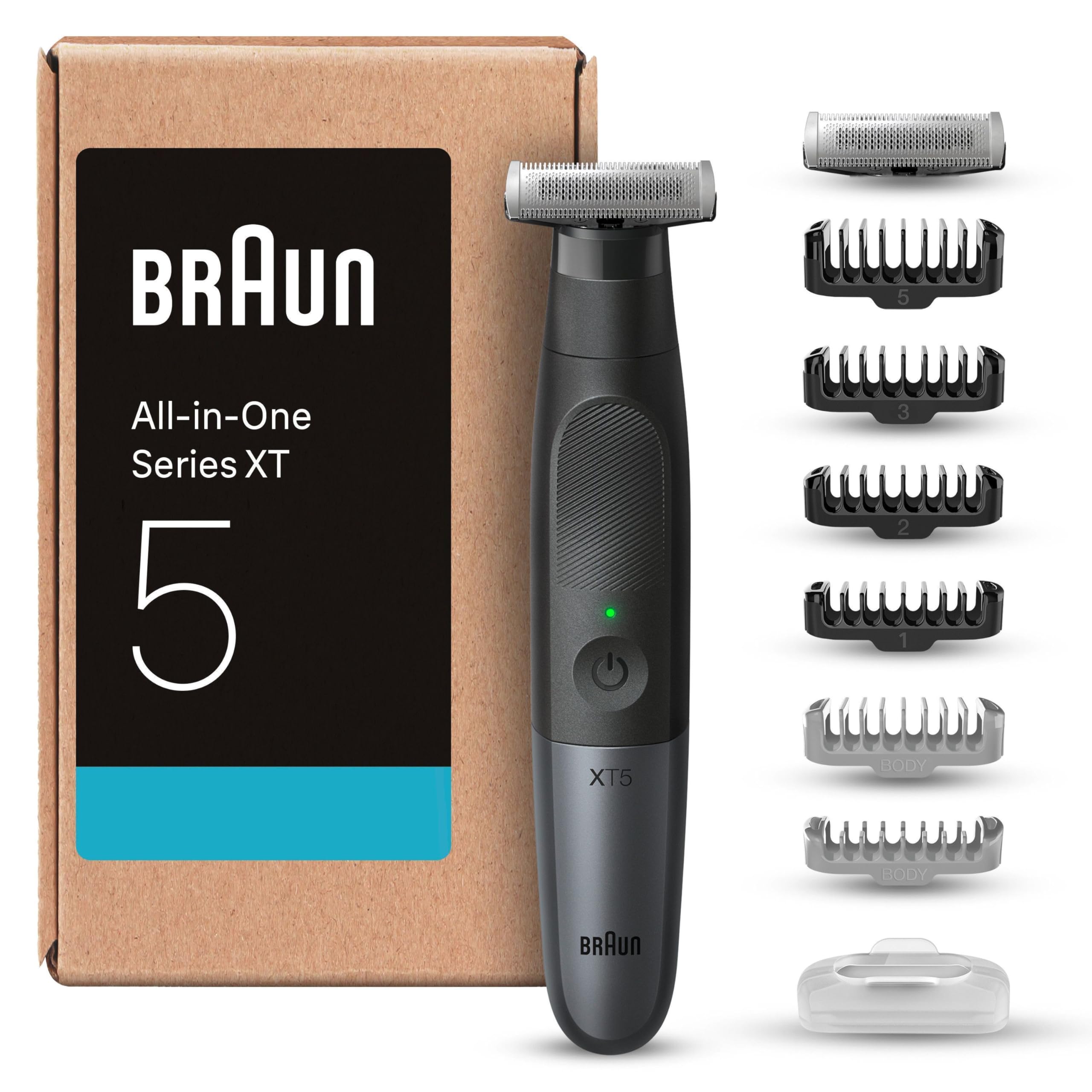Braun Series XT5 Gesicht & Körper, Elektrischer Rasierer, Barttrimmer & Bodygroomer, 8 Zubehörteile, Körperrasierer mit Sensitiv Kammaufsatz, 45 Min Akku, Trimmen & Rasieren, Wasserdicht, XT5270, Grau