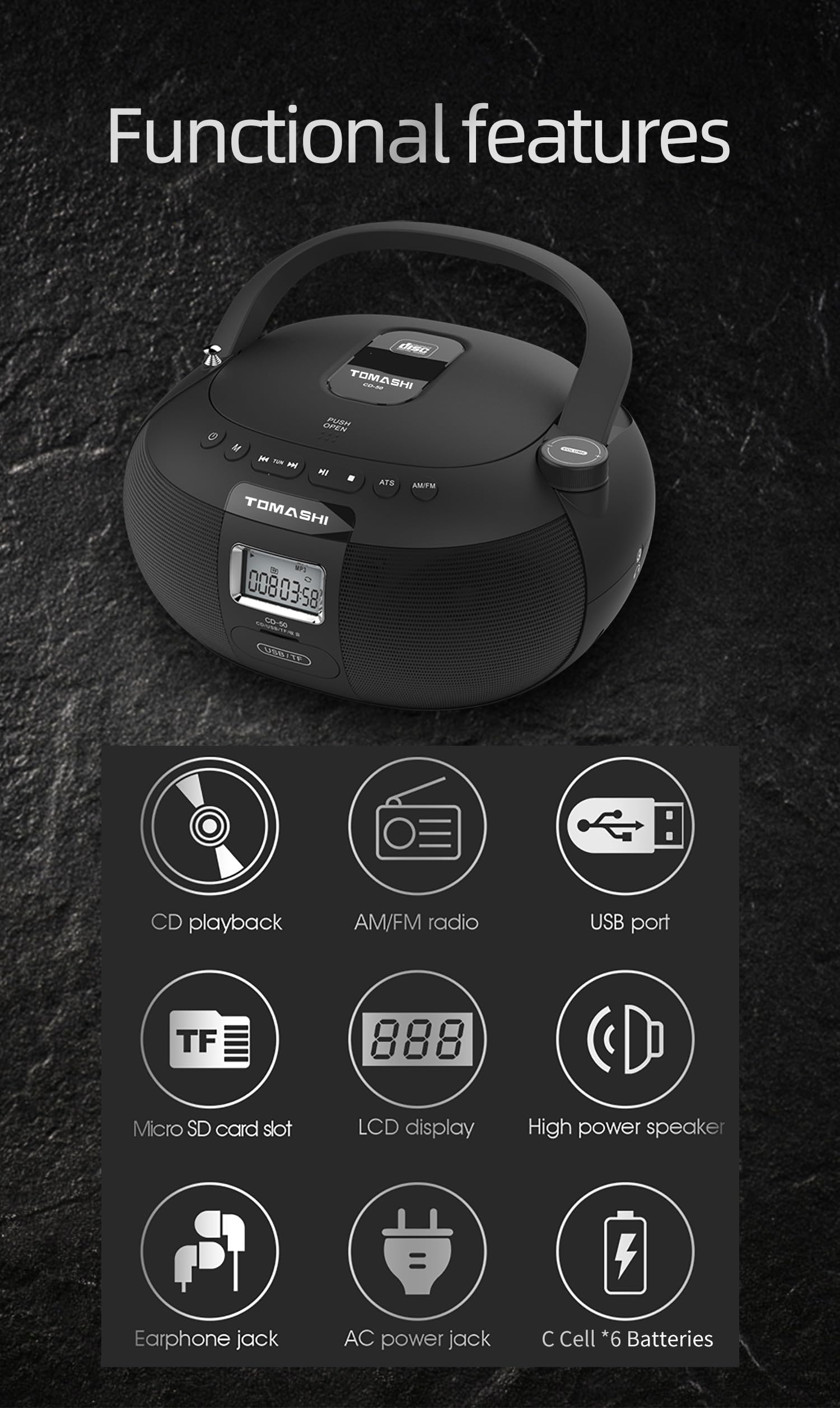 TOMASHI CD-50 CD Player Boombox in Black Portable CD Player | Stereo Sound | LCD Display | USB/TF Card Drive Supported | Headphone Jack
