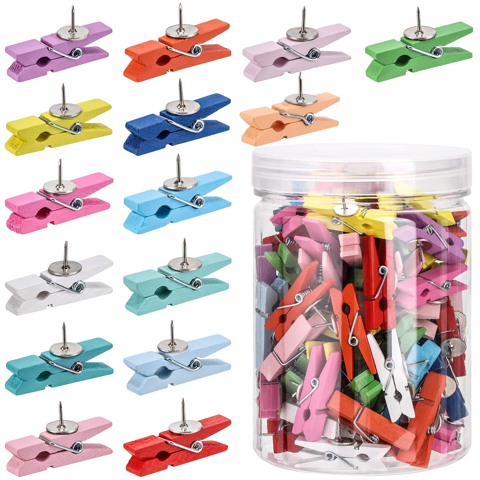 100Pcs Wooden Clips Push Pins Multicolored Wooden Craft Clips for Cork Boards Craft DIY Decoration