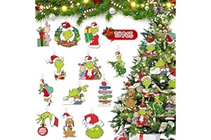 PAKCHOICE Christmas Tree Decorations Grinchs for Kids Gift - 24 Sets Christmas Wooden Hanging Ornaments with Bells & Bows for Indoor Home Party Decor