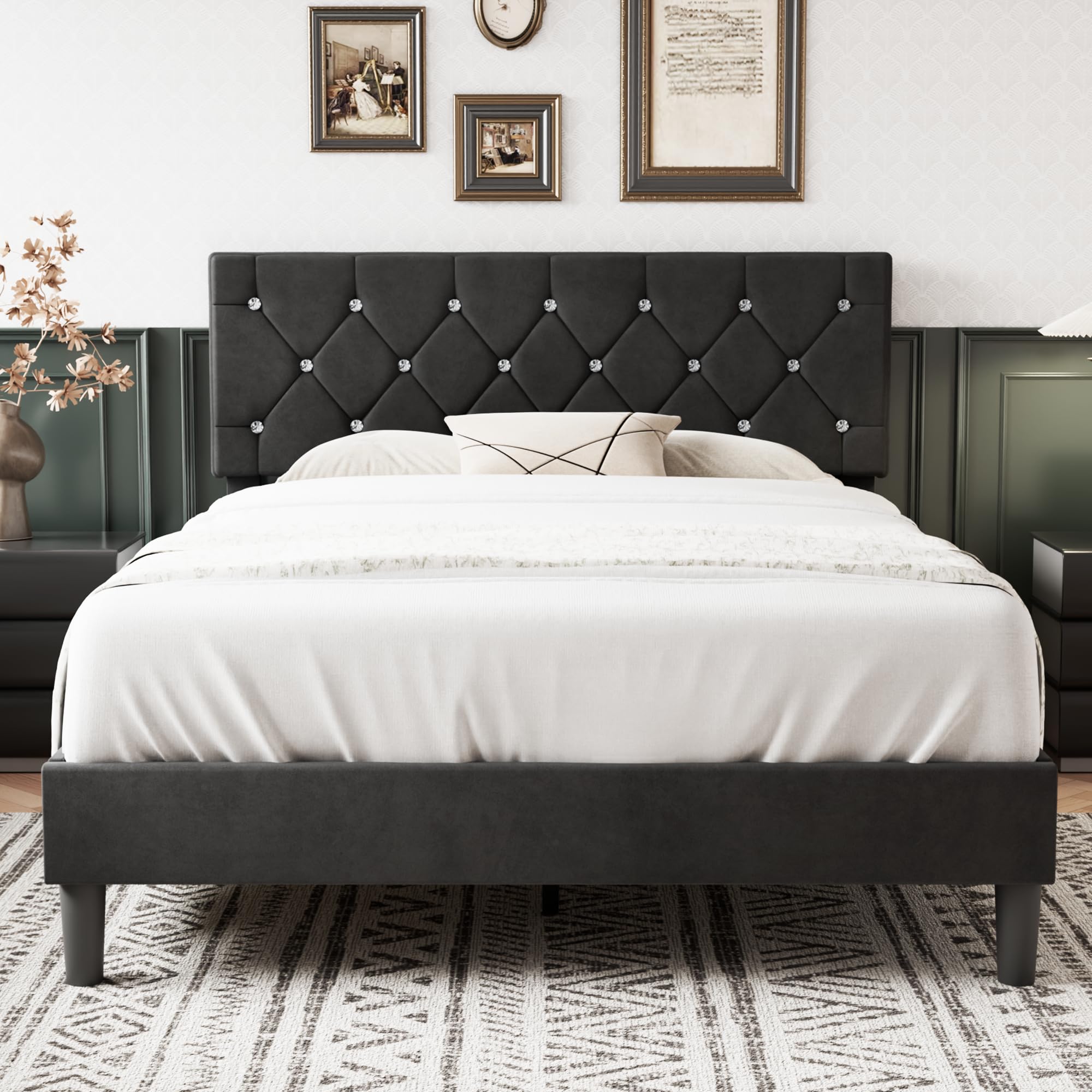 Photo 1 of VECELO Queen Size Bed Frame, Upholstered Platform with Adjustable Diamond Tufted Headboard, Wood Slat Support, No Box Spring Needed, Velvet Black