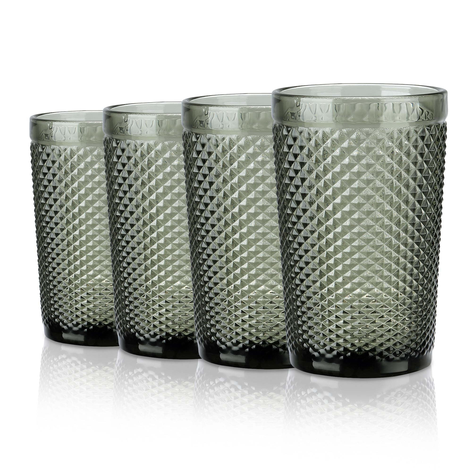 Joeyan Glasses Drinking Set of 4, 350 ml Colored Highball Glass Cups Water Tumbler Glasses with Diamond Design Vintage Glassware Set for Juice Beverages Cocktail Beer Tea Gift, Grey