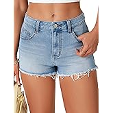 Vrtige Women's High Waisted Denim Shorts Frayed Raw Hem Jeans Shorts