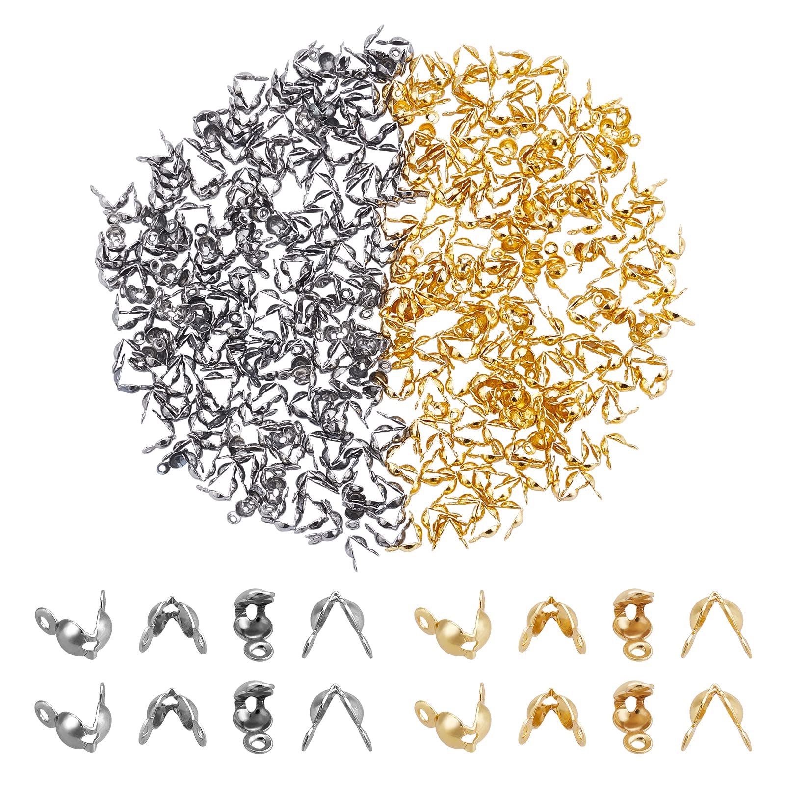 NBEADS About 400 Pcs Stainless Steel Crimp Beads Tips, Open Clamshell Fold-Over Bead Tips Knot Covers End Caps for Knots & Crimp Findings