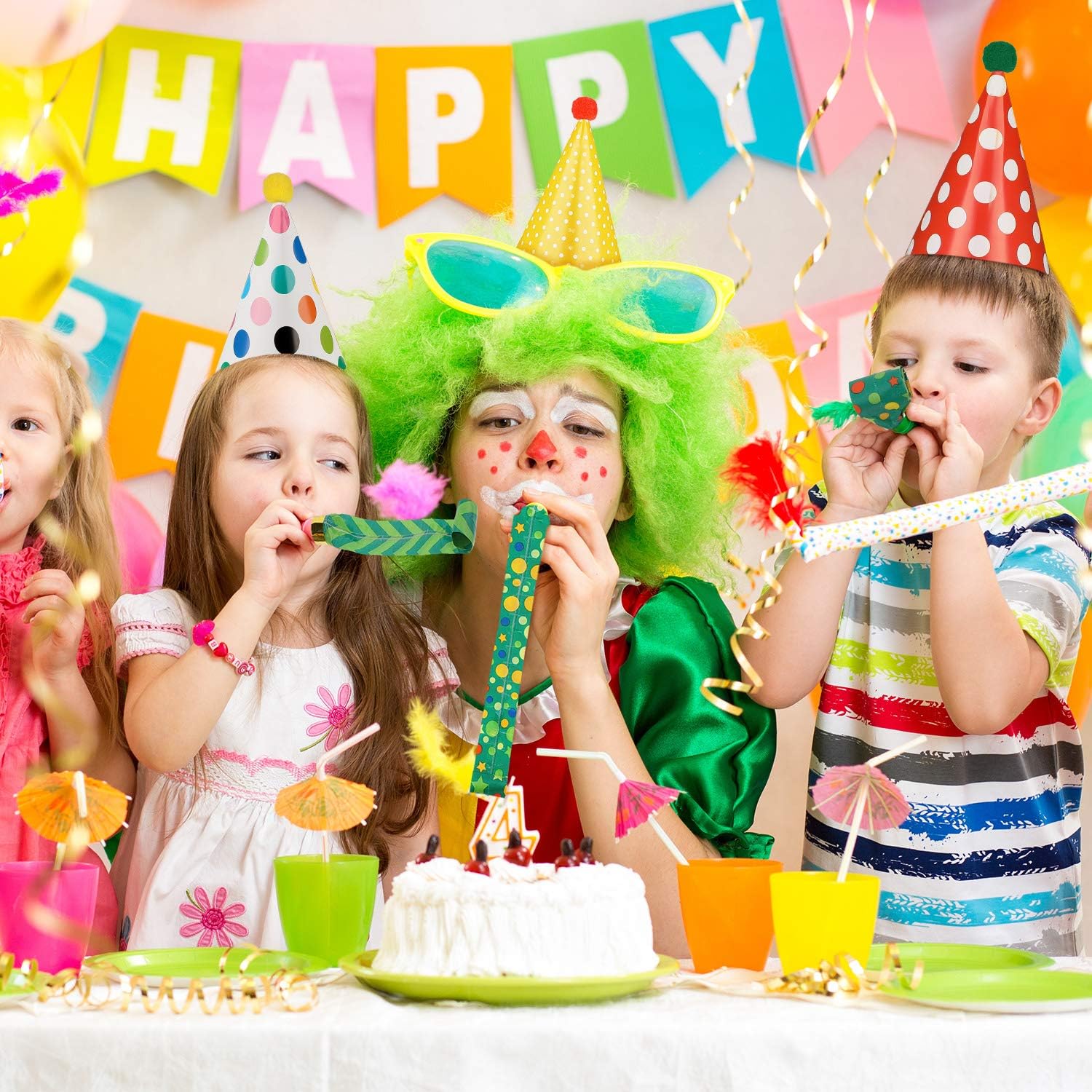 9 Pieces Birthday Party Hats Adorable Party Cone Hats with 24 Colorful Paper Blowouts and 24 Glittering Metallic Tassel Blowouts for Birthday Party: Clothing