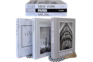 KIGAN HOME INC. Dual Display Large Premium Decorative Books with Blank Pages, Removable Dust Covers, Wooden Bead Garland and Twine - Set of 3 (Grey) - Neutral and Modern Decorative Book Stack for Home Decor